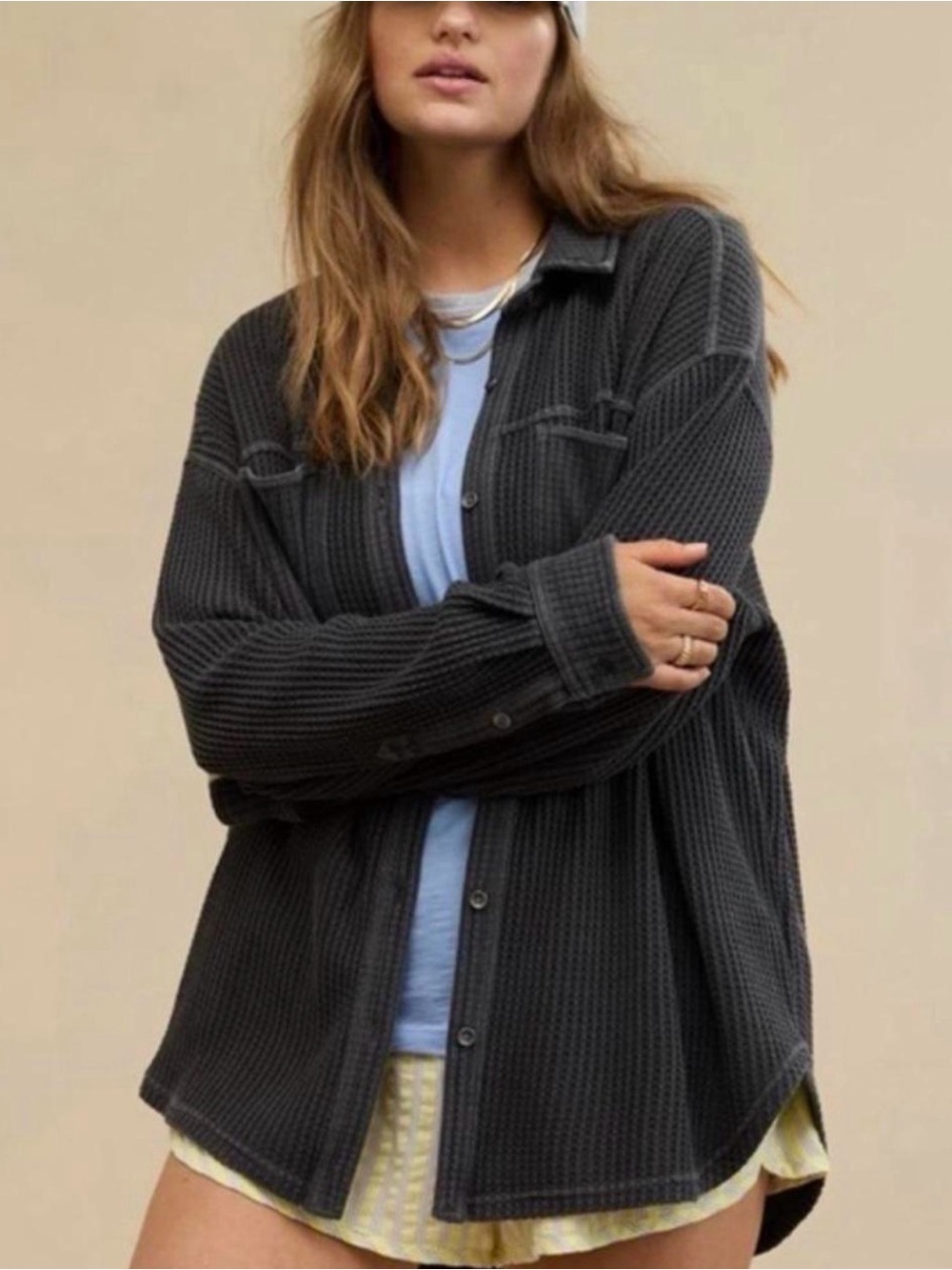 aerie Relaxed Charcoal Gray Waffle-Knit Button-front Top
